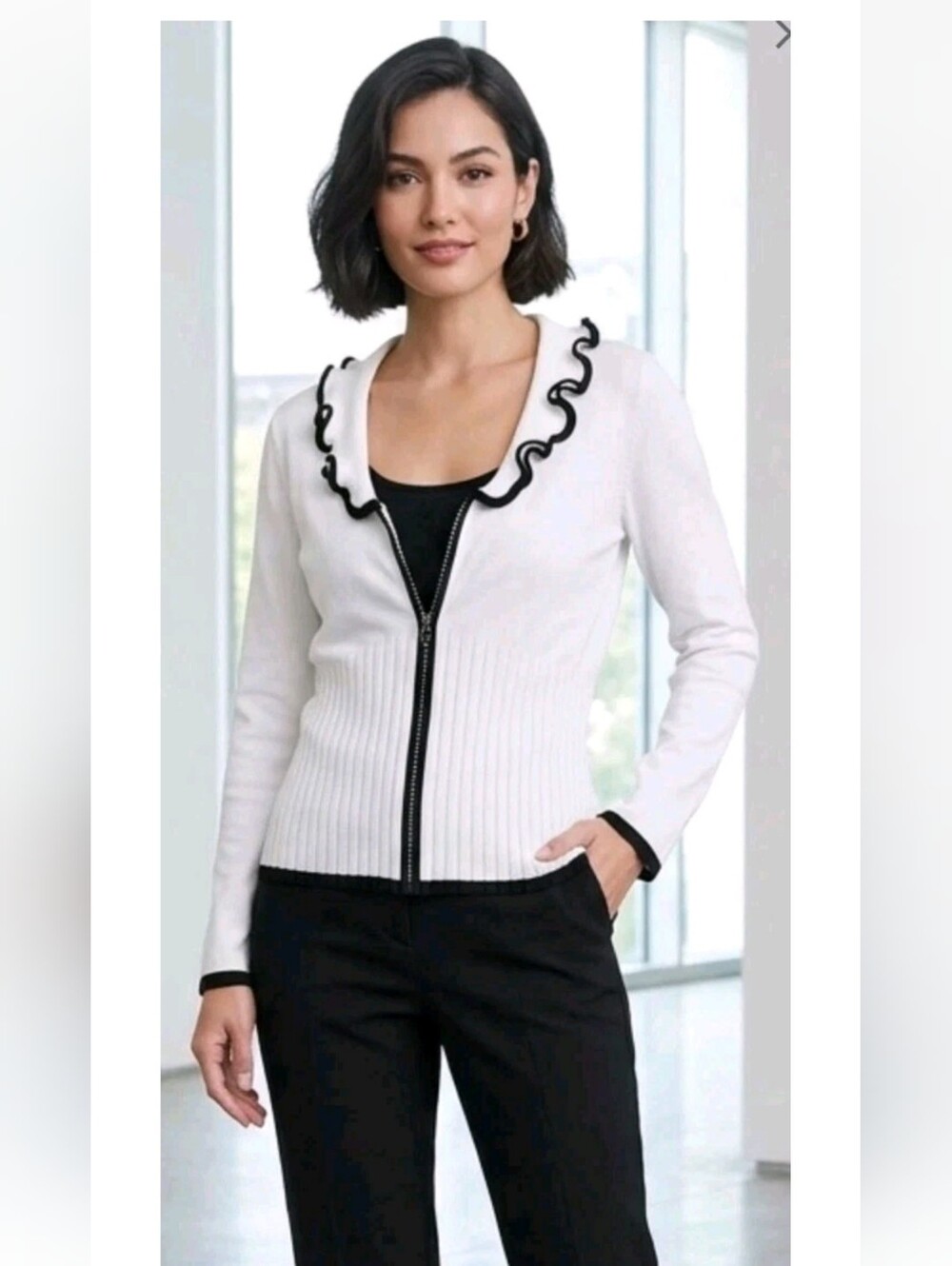 White Ribbed Knit Cardigan Sweater Rhinestones Zip Black Trim Ruffle Collar M
